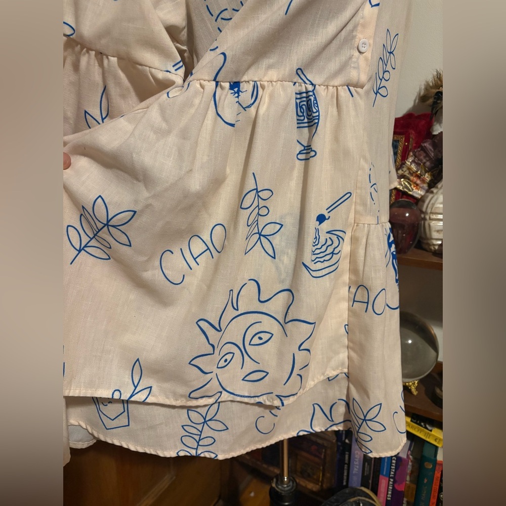 Cummense Ciao Wine Cream Blue Graphic Babydoll Ruffle Dress Medium - Picture 4 of 10